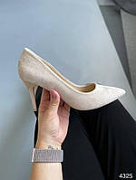 Женские туфли лодочки на высокой шпильке бежевые экозамша с острым носиком 37