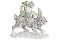 Декоративная статуэтка Заяц с подарками, 19.5см, цвет - серый с мятным