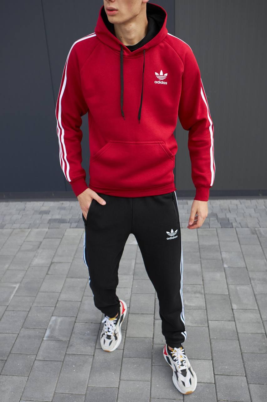 Худі чоловіче зимове Adidas на флісі з капюшоном червона кофта толстовка адідас