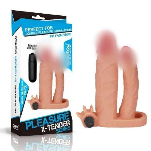 Насадка на пінис Pleasure X Tender Vibrating Double Penis Sleeve Flesh Кітті