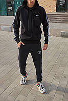 Толстовка мужская зимняя Adidas на флисе с лампасами черная | Кофта флисовая | Худи Адидас с капюшоном зима
