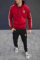 Толстовка мужская зимняя Adidas на флисе с лампасами красная | Кофта флисовая | Худи Адидас с капюшоном зима