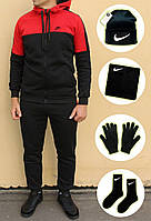 Комплект мужской зимний Nike Спортивный костюм на флисе + Шапка + Баф Носки Перчатки Найк зима теплый красный