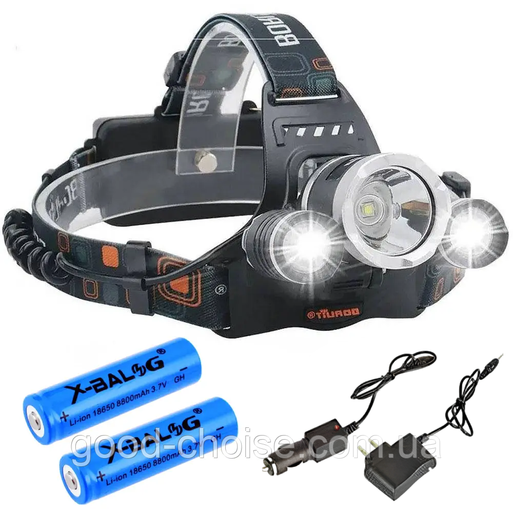 Налобний LED ліхтар RJ 3000, 2х18650, зарядка від мережі та прикурювача / Потужний світлодіодний ліхтар на голову