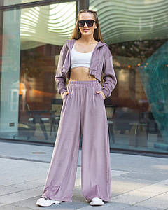 Жіночий костюм з велюру кофта на змійці з капюшоном та штани-палаццо Мокко