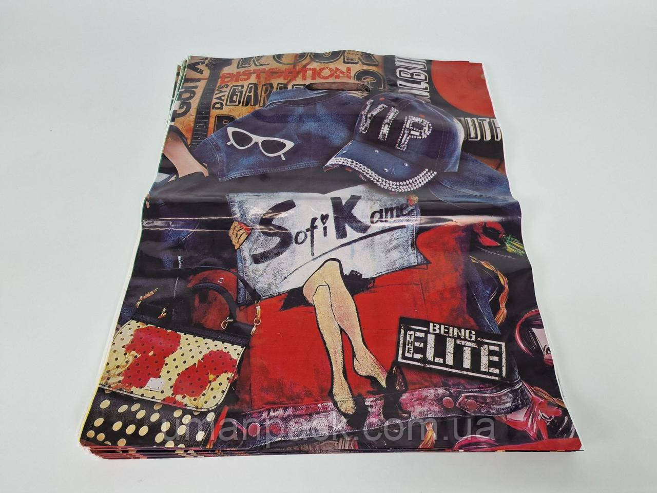 Пакети з вирубаною ручкою (40*48)Elite "Джинс" Леомі (50 шт.)