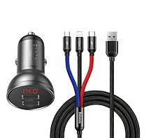 Автомобільний зарядний пристрій BASEUS TZCCBX-0G 2USB, кабель Lightning/Micro/Type-C 24W, 4.8A + вольтметр