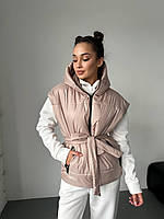 Стильний жіночий дутий жилет з капюшоном і поясом (Розміри 42-44,46-48,50-52), Бежевий