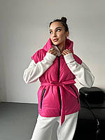 Стильний жіночий дутий жилет з капюшоном і поясом (Розміри 42-44,46-48,50-52), Рожевий