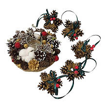 Набір новорічного декору підсвічник та ялинкові прикраси сніжинки з натуральних шишок (NY11)