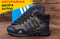 Кожаные мужские ботинки Зимние Adidas на меху, спортивные ботинки хаки высокие натуральная *A3 хаки бот*