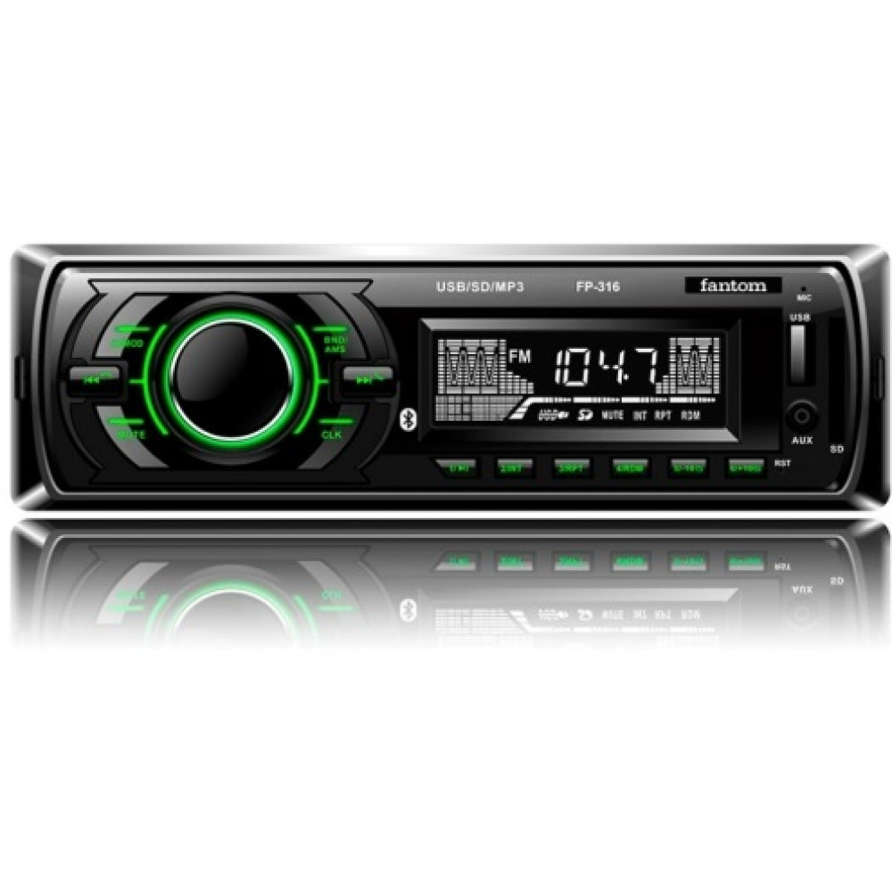 Автомагнітола Fantom FP-316 (Black/Green)/USB/SD//посил. кач.звука/Bluetooth 4x50W