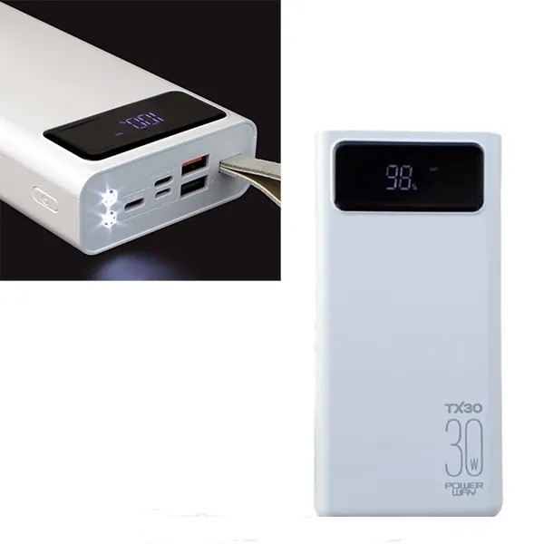 Зовнішній акумулятор Power Way TX-30 30000 mAh /2 USB/Fast Charge/Ліхтарик/ White/