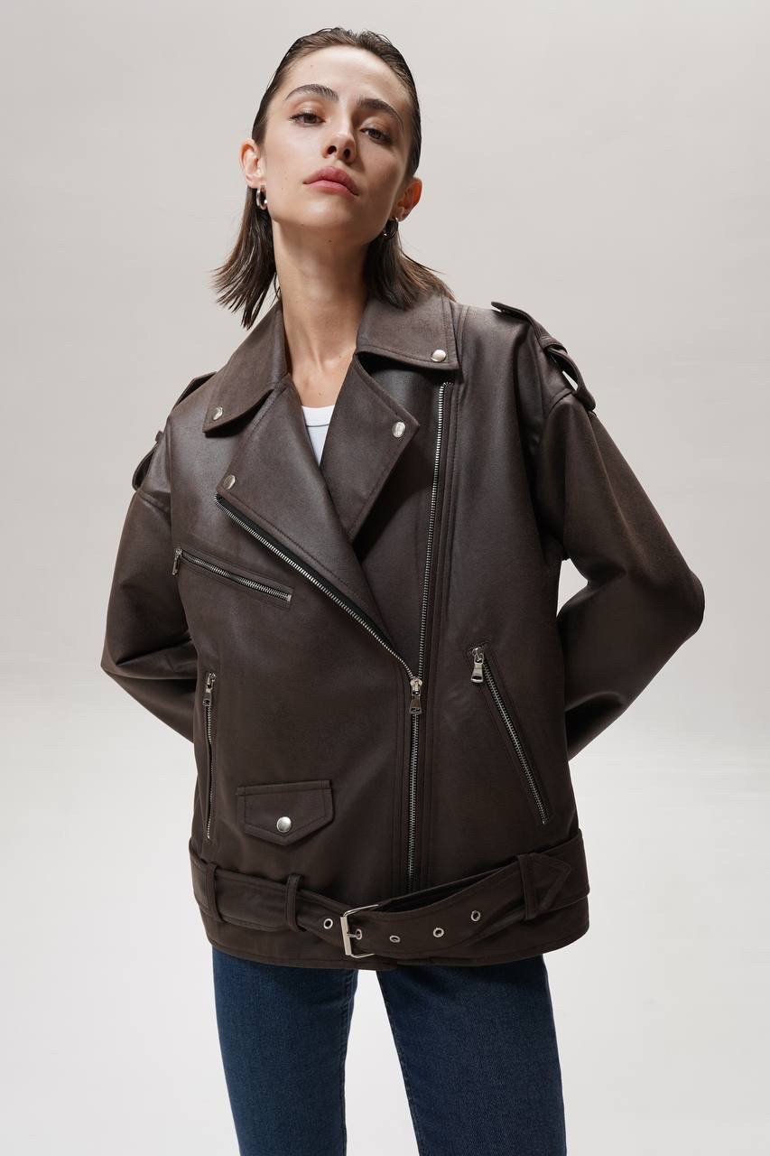 Куртка косуха жіноча коричнева шоколадна з поясом подовжена вінтажна XS S M L XL