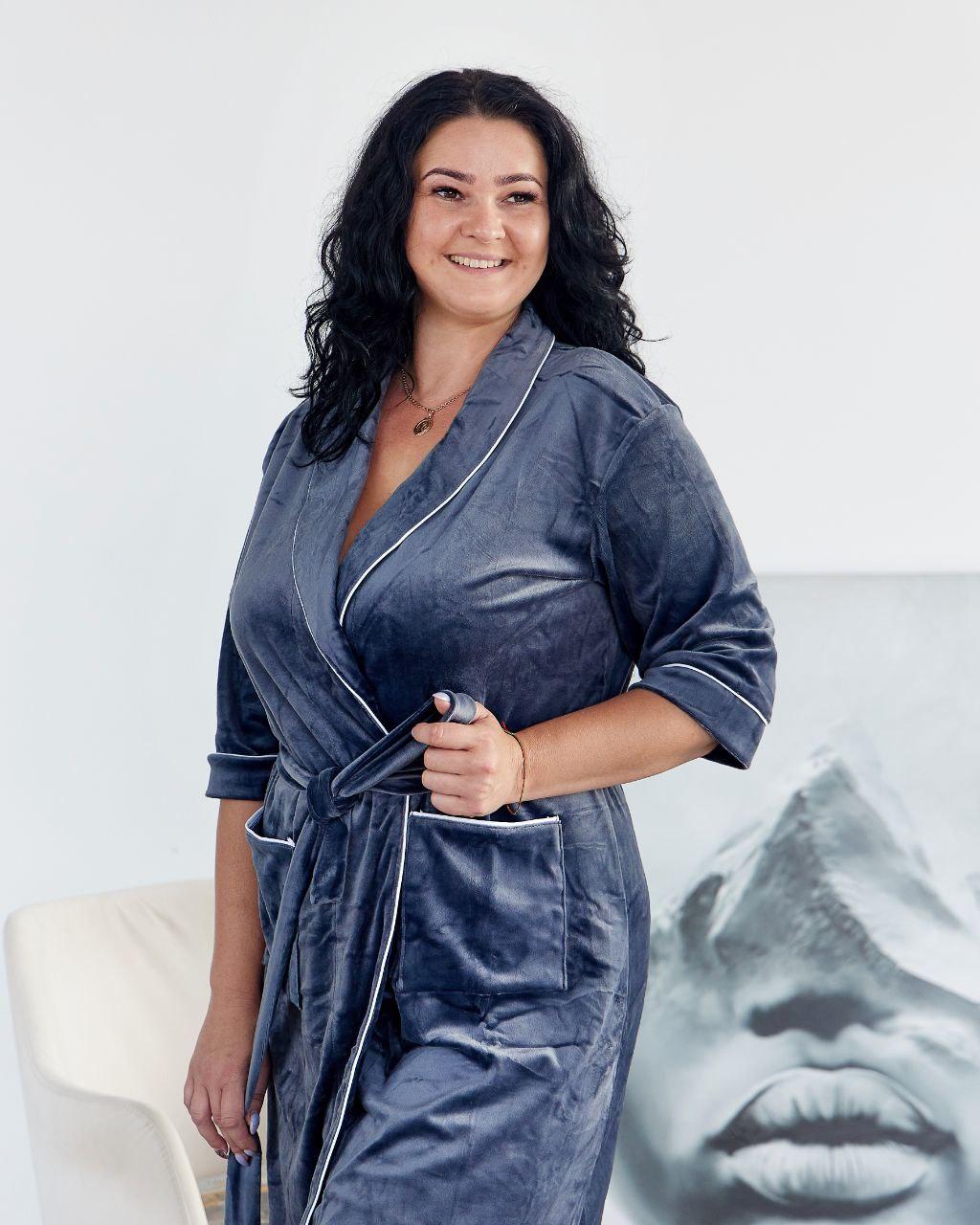 Жіночий Велюровий Халат з Кантом Батал 724 - Графіт (2XL - 4XL), фото 1