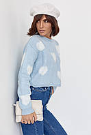 Жіночий в'язаний светр oversize із сердечками — блакитний колір, L (є розміри)