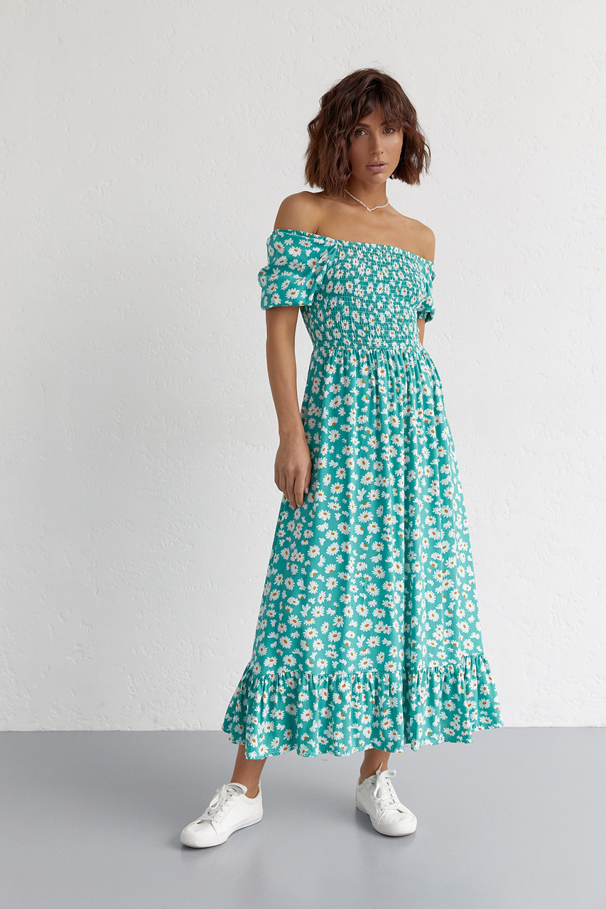 Довге жіноче плаття з еластичною талією й оборкою ESPERI — смарагдовий колір, S (є розміри)