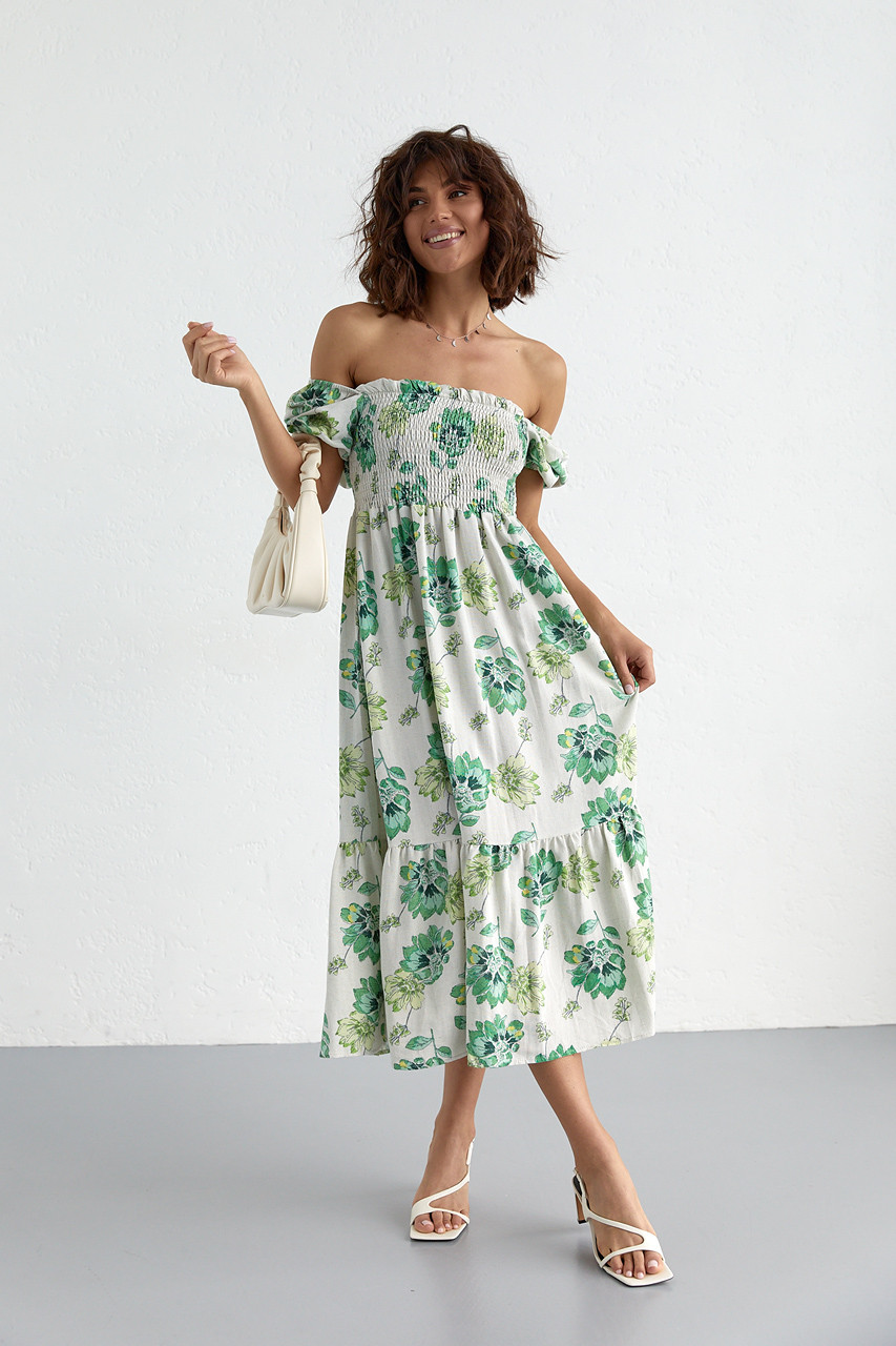 Літнє плаття у квітковий візерунок із відкритими плечима — зелений колір, M (є розміри)