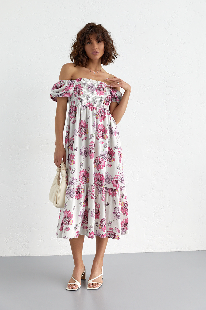 Літнє плаття у квітковий візерунок із відкритими плечима — рожевий колір, L (є розміри)