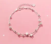 Браслет серебряный двойной Звездный шарм, тонкий браслет на ручку из двух цепочек, серебро 925 пробы, 16+3 см