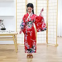 Детский костюм японской гейши, кимоно с цветами, халат юката с поясом Оби