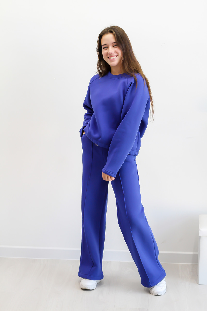 Костюм для дівчинки утеплений турецька тринитка на флісі кофта реглан і штани палацо-колір синій