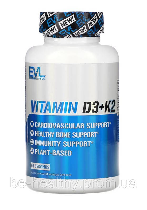 Витамины D3 и К2, 125 мкг/90 мкг, EVLution Nutrition, 60 вегетарианских капсул, - фото 1 - id-p1969389725