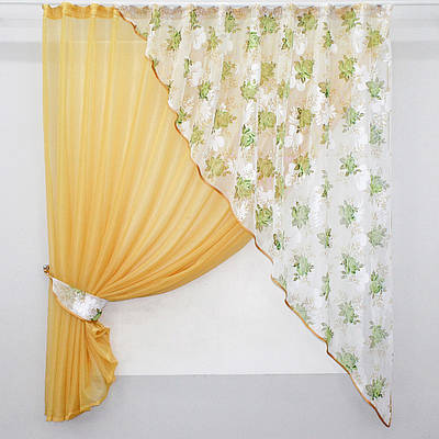 Кухонна фіранка (280х170см.). На карниз 1,5-2м. Колір золотистий з білим та салатовим. Код 069к 52-0335