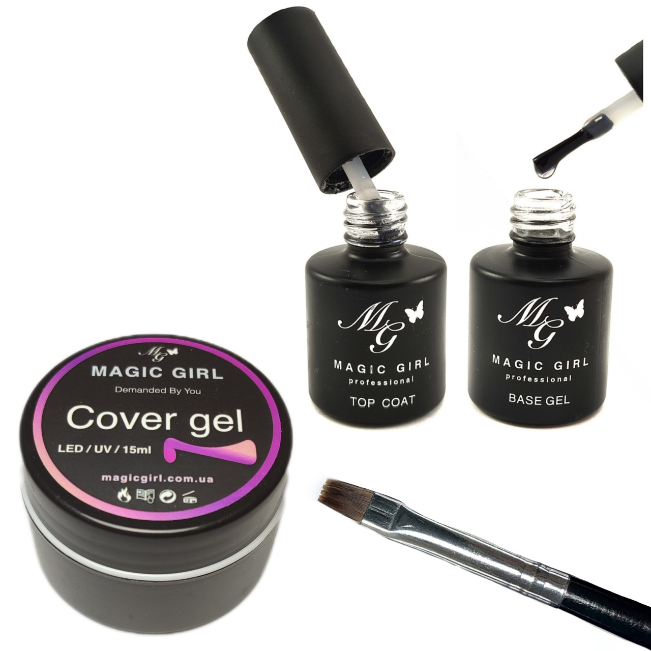 Набір для нарощування нігтів — База Rubber Strong, Топ Diamond, Гель, Пензлик Magic Girl, фото 1