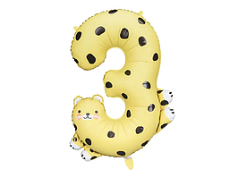 Фольгована кулька цифра "3 Гепард" світло-жовта Party Deco  68×98 см. 1 шт