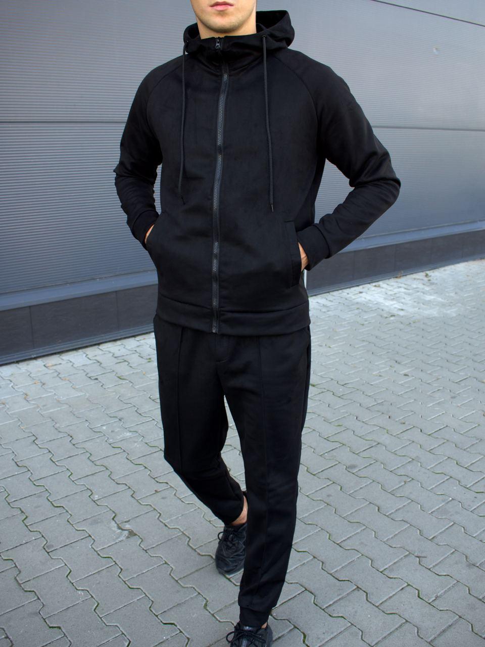 Спортивний костюм чоловічий замшевий чорний весна-осінь кофта з капюшоном Розміри: S, M, L, XL