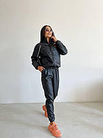 Стильный женский кожаный костюм брючный штаны куртка хаки XS-S, M-L, XL-2XL Черный, XS-S