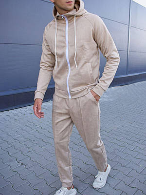 Спортивний костюм чоловічий замшевий бежевий весна-осінь кофта з капюшоном Розміри: S, M, L, XL