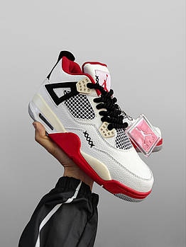 Чоловічі кросівки Nike Air Jordan 4 Retro білі з червоним Найк Джордан шкіряні осінні