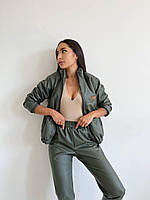 Стильный женский кожаный костюм брючный штаны куртка бежевый XS-S, M-L, XL-2XL Хаки, M-L