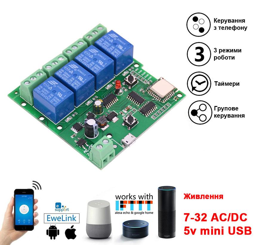 WiFi реле Sonoff 4 канали 7-32 в USB 5в, фото 1