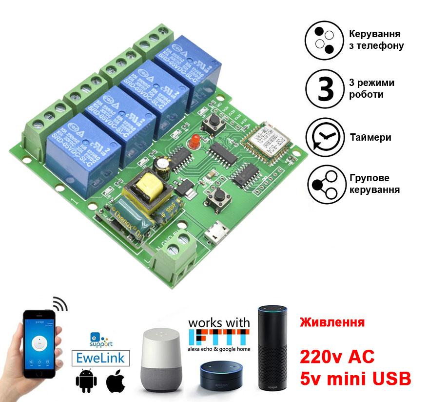 Sonoff 4 канали WiFi реле 220в USB 5в