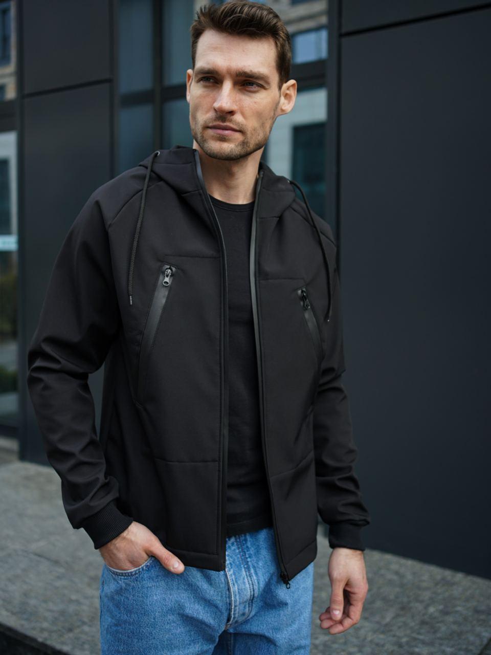 Чоловіча куртка з капюшоном чорна весна-осінь Softshell демісезонна мікрофліс Розміри: S, M, L, XL