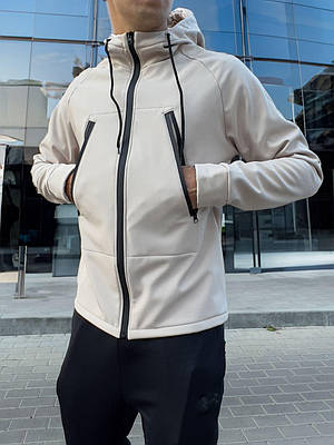 Чоловіча куртка з капюшоном бежева весна-осінь Softshell демісезонна мікрофліс Розміри: S, M, L, XL