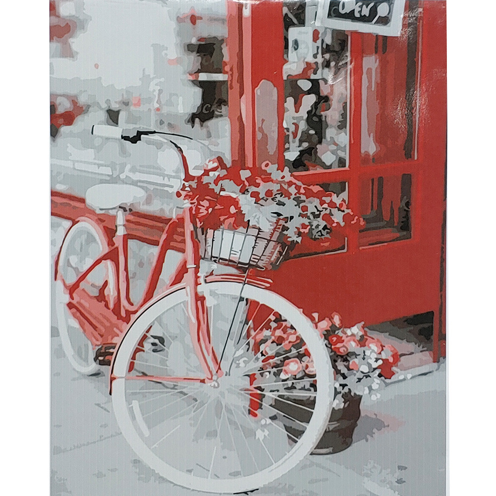 Картина за номерами Strateg ПРЕМІУМ Велосипед з квітами з лаком розміром 40х50 см (SY6857)
