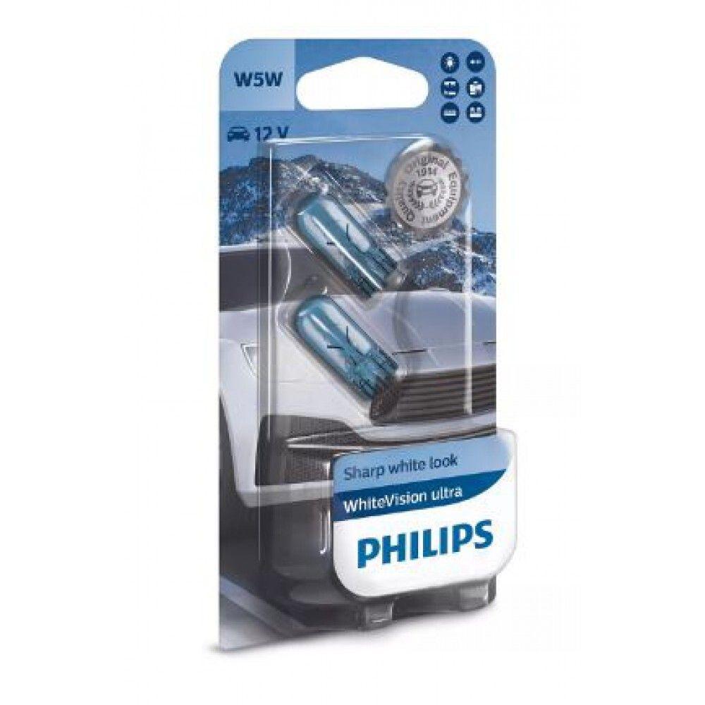 Габарити Philips W5W WhiteVision ultra +60% 12V W2.1X9.5d (3300K) 12961WVUB2