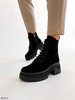 Premium! Женские замшевые черные ботинки Демисезонные деми ботинки на байке Натуральная замша Весна Осень