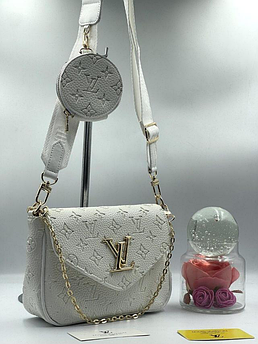 Жіноча сумка Louis Vuitton, 2 в 1, тканинний ремінь та ланцюжок, біла 931438