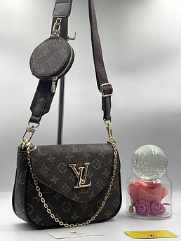 Жіноча сумка Louis Vuitton, 2 в 1, тканинний ремінь та ланцюжок, коричнева 931439