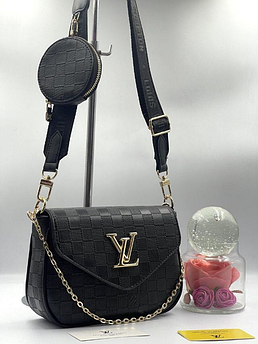 Жіноча сумка Louis Vuitton, 2 в 1, тканинний ремінь та ланцюжок, чорна 931440