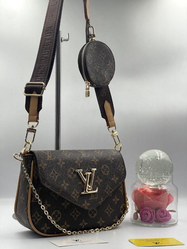 Жіноча сумка Louis Vuitton, 2 в 1, тканинний ремінь та ланцюжок, коричнева 21,5*14*6см 931441