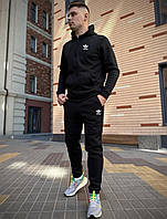 Мужской спортивный костюм Adidas с начесом зимний осенний Кофта + Штаны на флисе черный