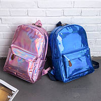 Детский лаковый голограммный рюкзак, блестящий отражающий рюкзачок для девочек розовый серебристый синий "Lv"