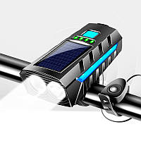 Велосипедная LED фара с солнечной батареей, сигналом, аккумулятором 4000 мАч USB повербанк, голубая велофара