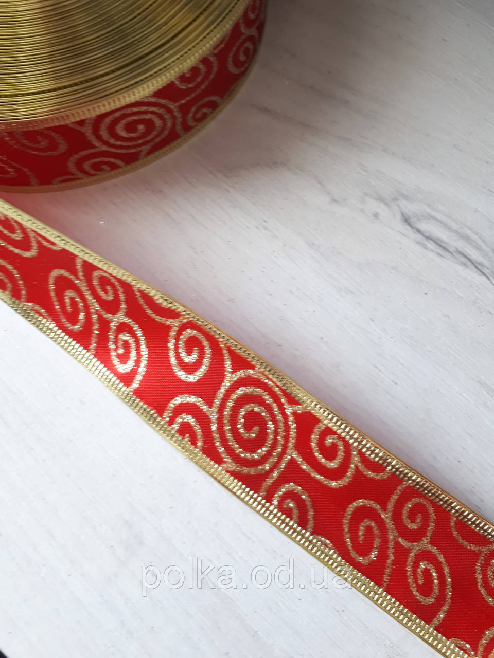Атласна червона із золотом стрічка з дротяним краєм для бантів 1 рулон-50ярдів (ширина 4 см)